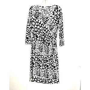 Calvin Klein Sheath Dress Size 12 Black White Animal Print Ruched 3/4 Sleeve